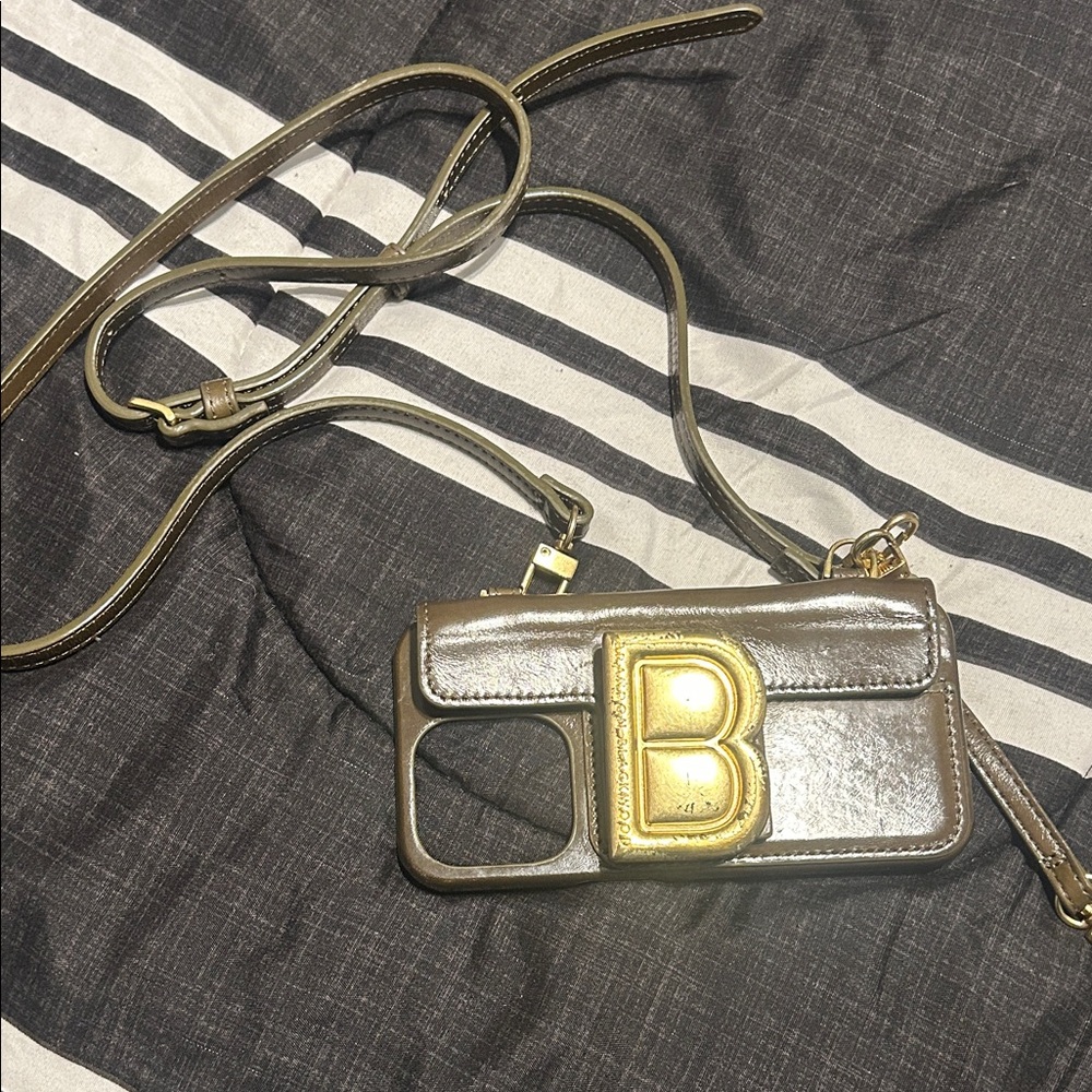 Brandon Blackwood Metallic Taupe Crossbody Phone Case Bag with Gold 'B'